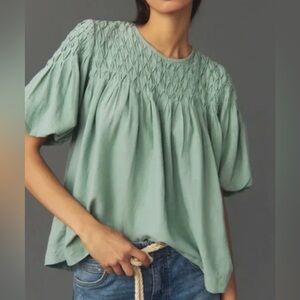 NWT Anthropologie S Liza Puff Sleeve Blue Green Smocked Puff Sleeve Blouse Boho